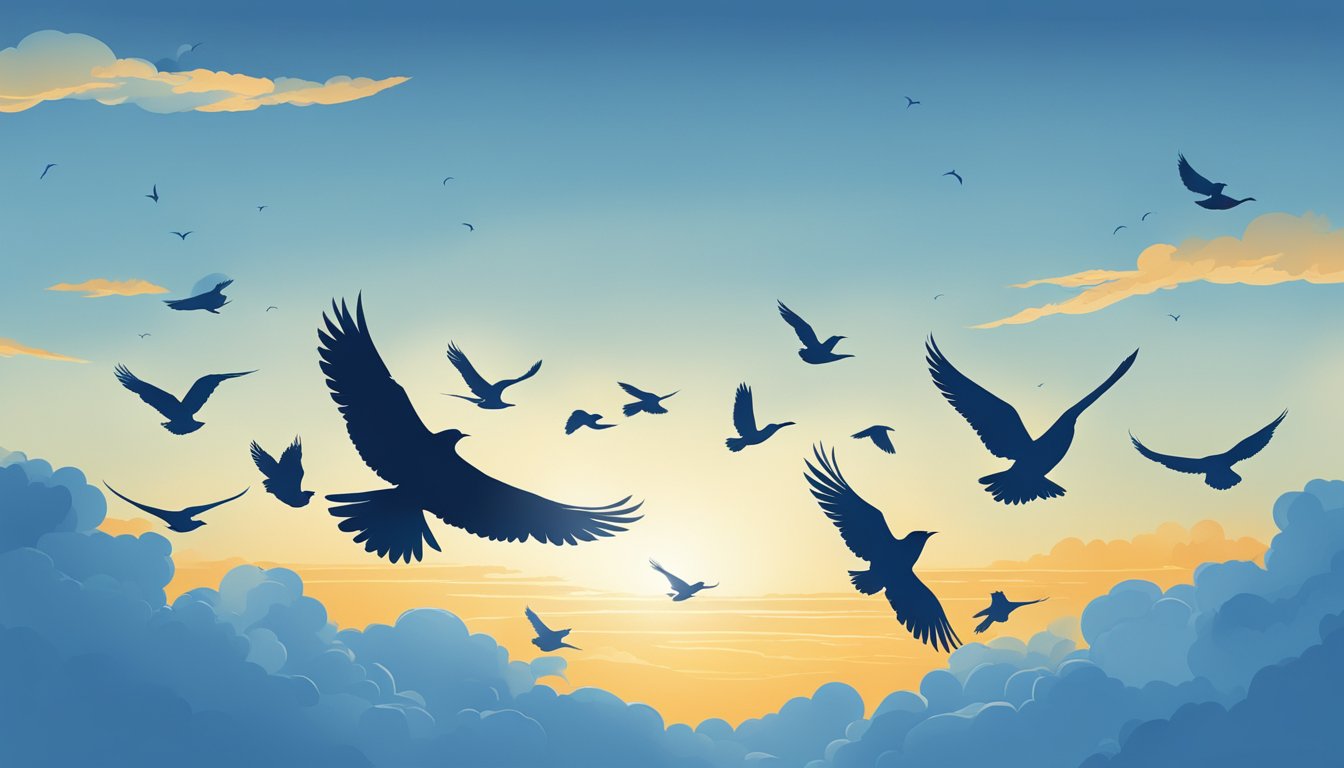 Birds soar above a vast, cloudless sky, their silhouettes outlined against the brilliant blue backdrop