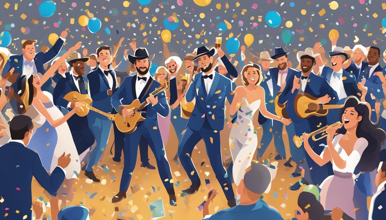 A lively New Year's Eve party with confetti, champagne, and a band playing George Strait songs