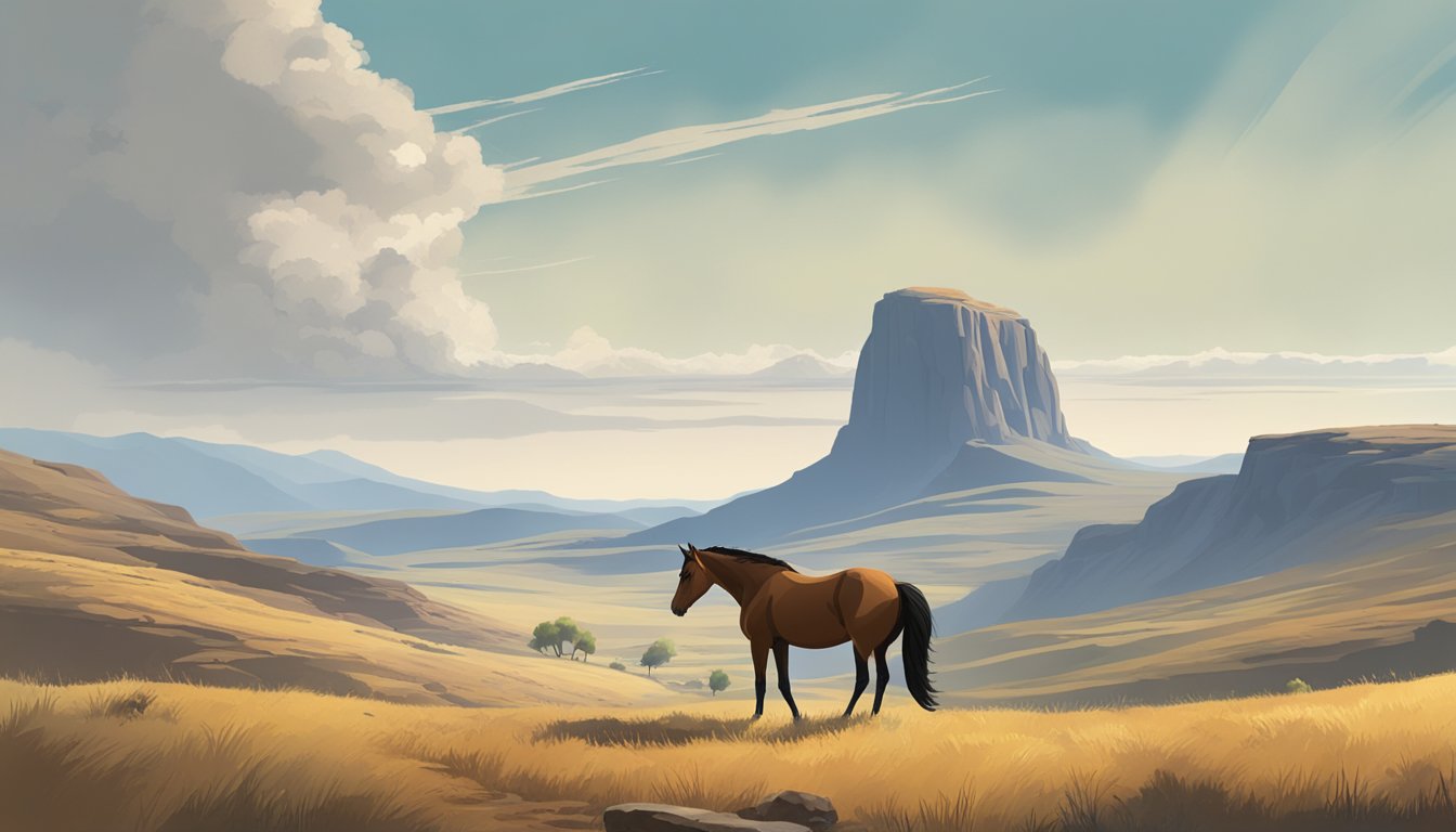 A lone horse grazes in a rugged Western landscape, surrounded by rolling hills and a vast open sky