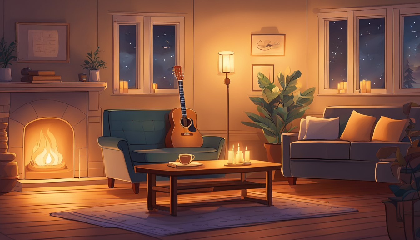 A cozy living room with a crackling fireplace, a guitar resting on a stand, and sheet music scattered across a coffee table. The soft glow of candlelight illuminates the room, creating a warm and romantic ambiance