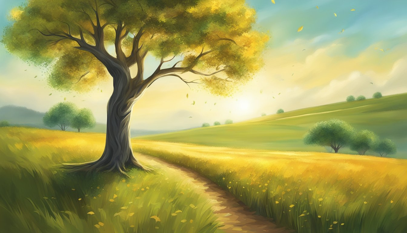 A lone tree stands in a field, leaves turning from green to gold as a cool breeze blows through the air