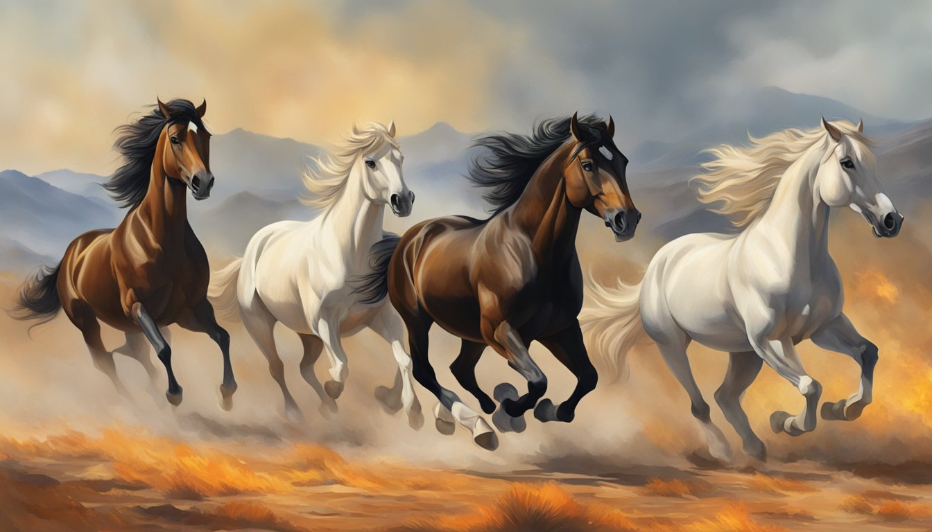 A group of powerful stallions galloping through a fiery landscape, symbolizing the strength and resilience of the characters in 'The Fireman.'