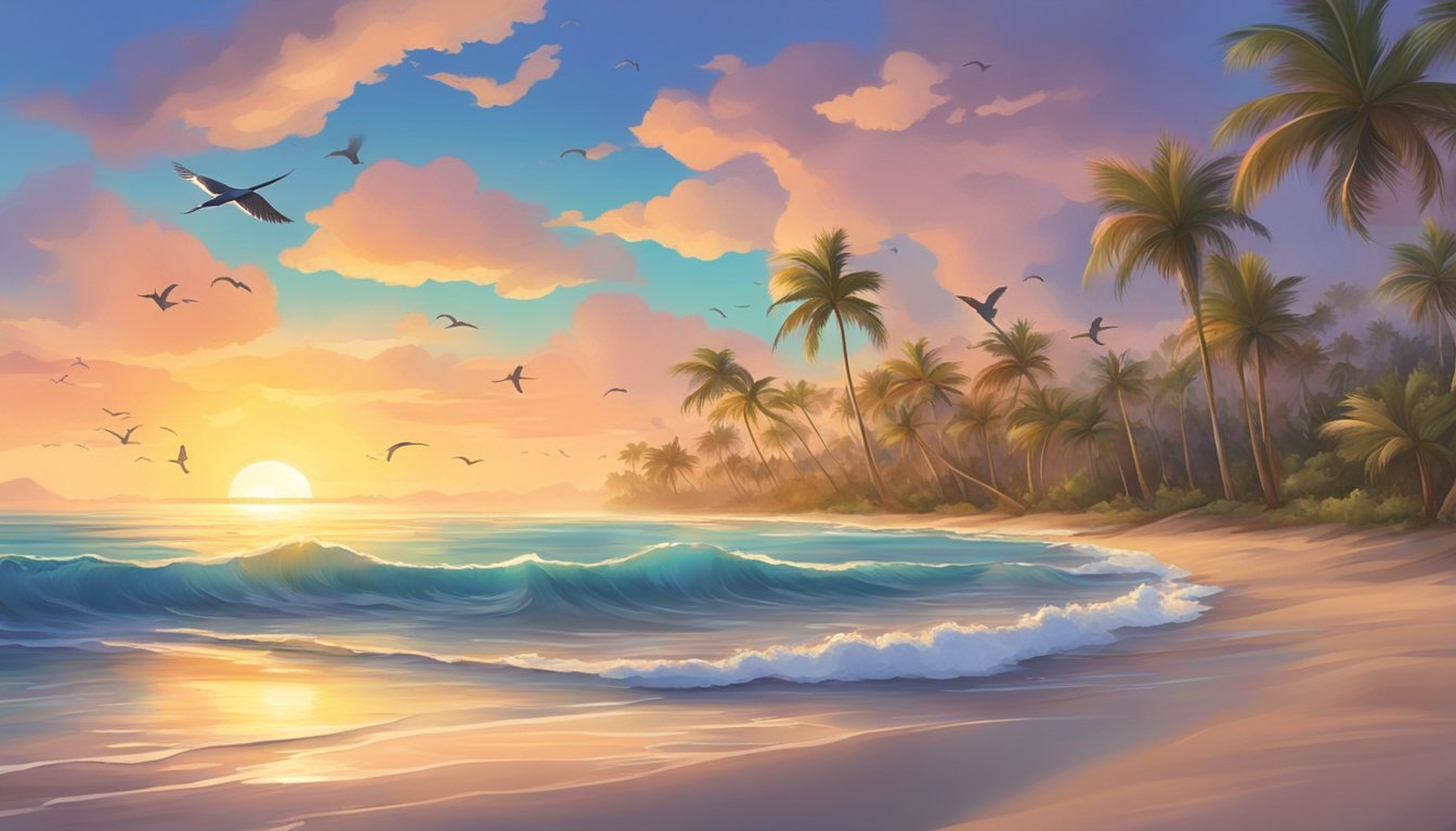 A serene beach at sunset, waves gently rolling onto the shore, palm trees swaying in the breeze, and colorful birds flying overhead