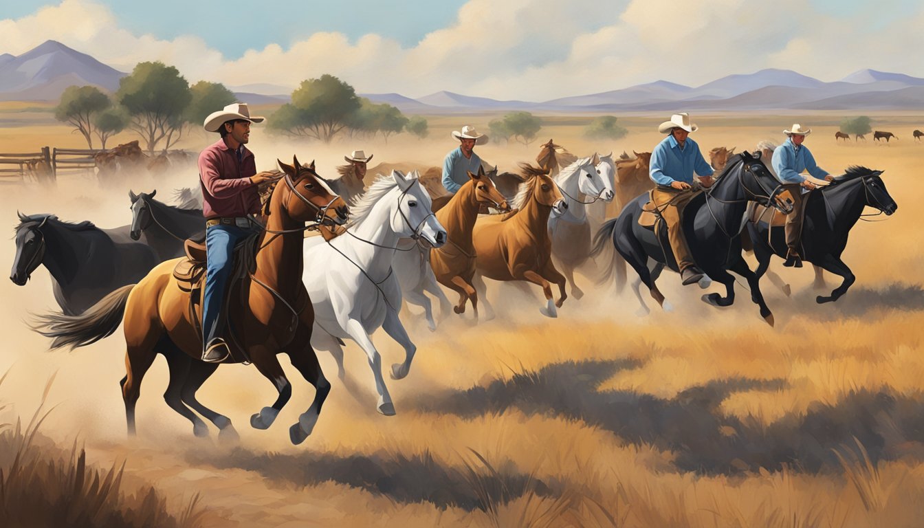 A cowboy riding a horse herding cattle, while a group of animals from George Strait's songs, such as a lion, a blackbird, and a red rooster, watch from the sidelines