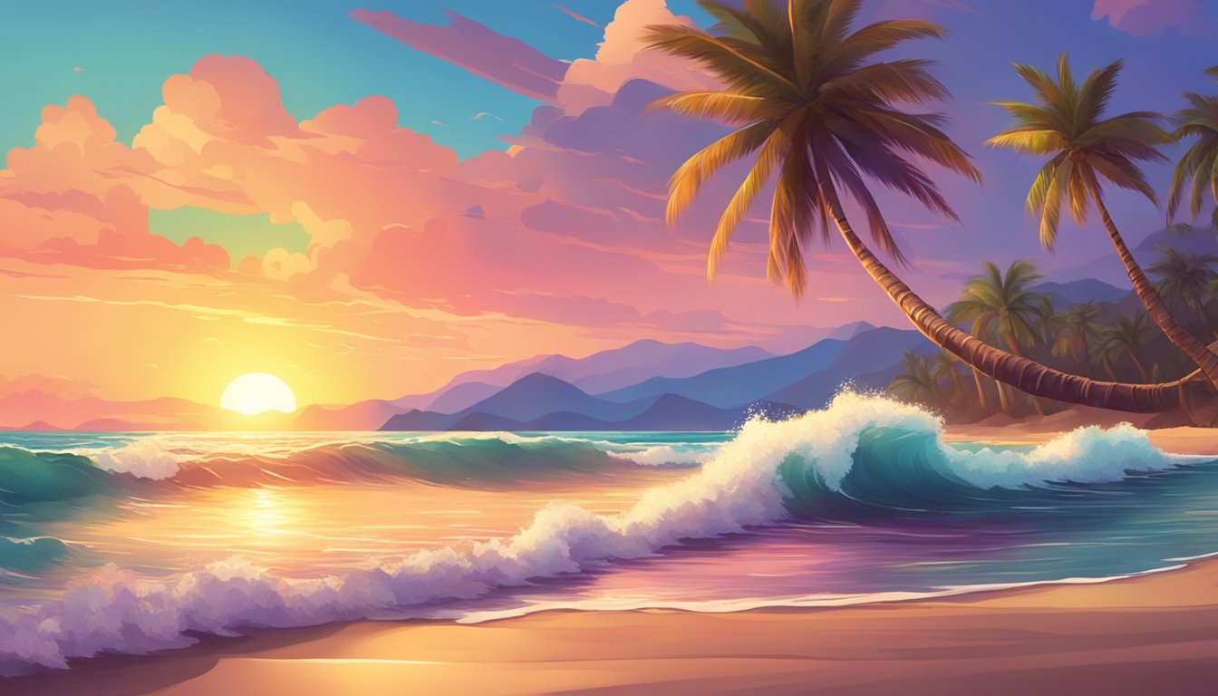 A beach with crashing waves, palm trees swaying in the breeze, and a colorful sunset over the ocean