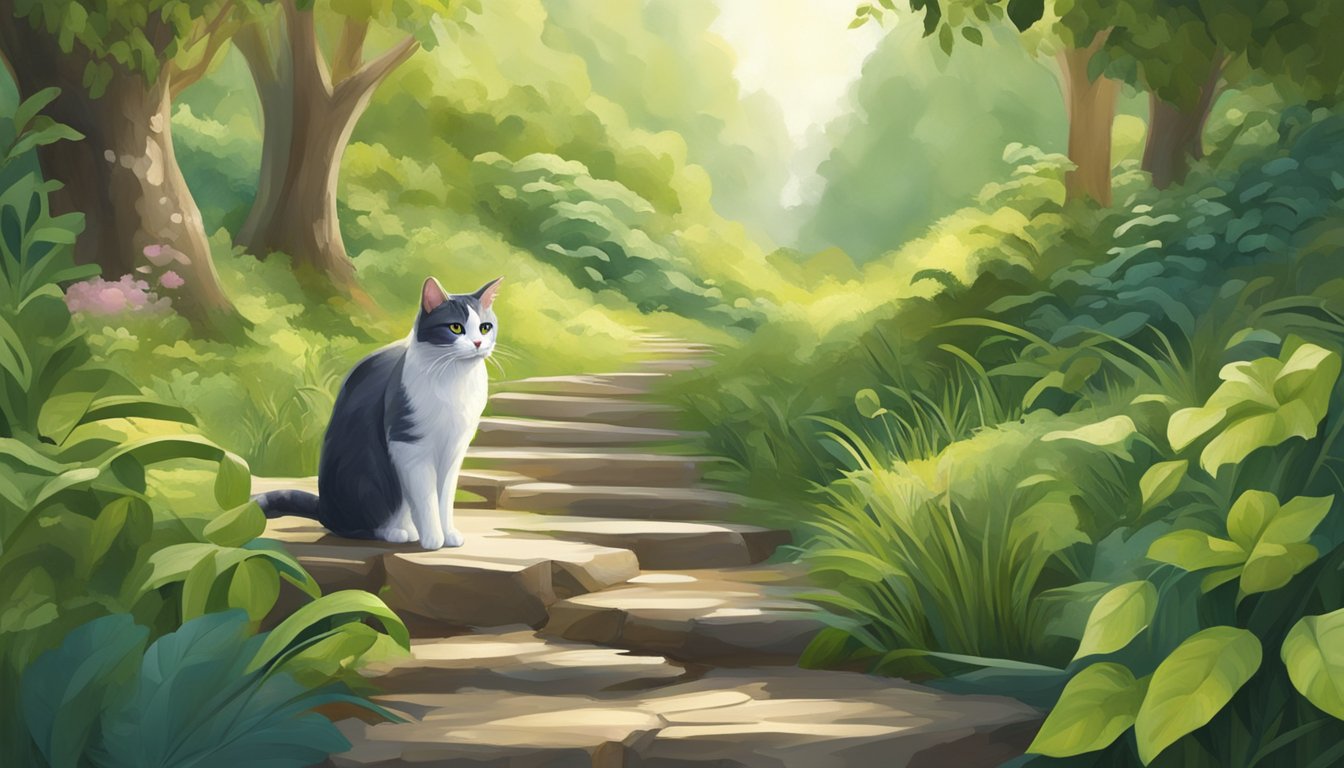 A cat confidently takes one step at a time along a winding path, surrounded by lush greenery and a sense of calm