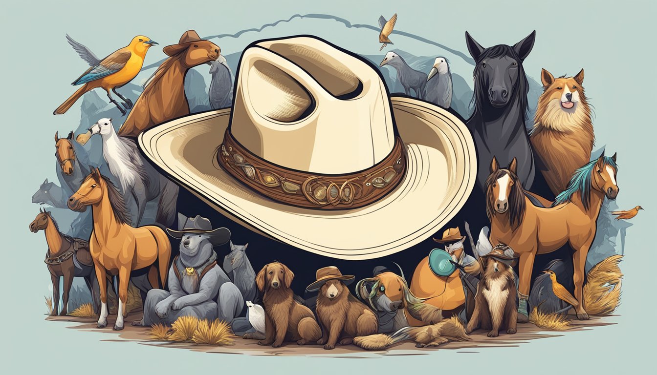 A cowboy hat surrounded by various animals, including horses, dogs, and birds, with a guitar and microphone in the background