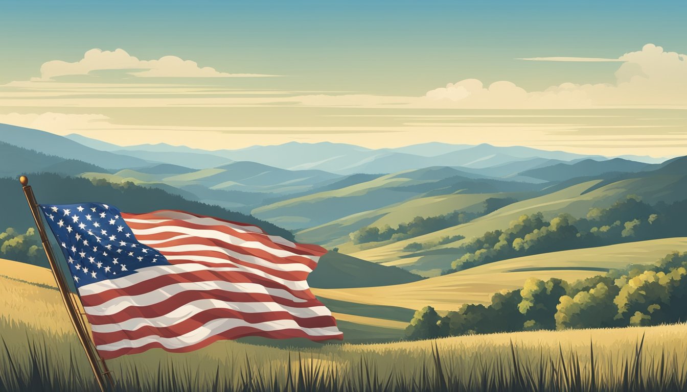 A rustic American flag waving in the wind against a backdrop of rolling hills and a clear blue sky