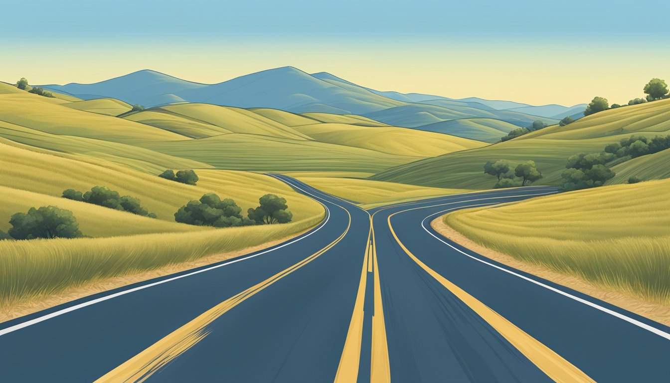 A long stretch of open road, flanked by rolling hills and a clear blue sky, with a lone American flag waving in the breeze