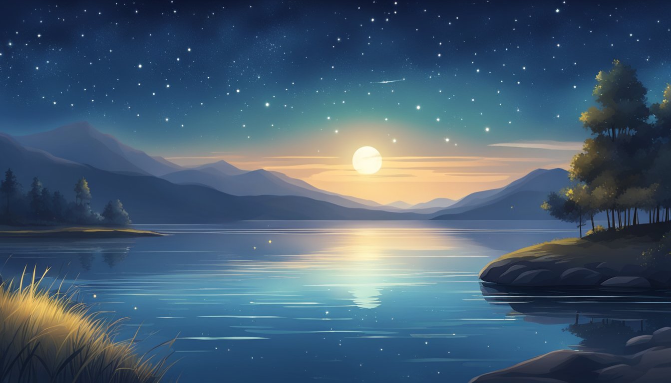 A calm night on the water, with a clear sky filled with twinkling stars and a gentle breeze blowing over the calm surface