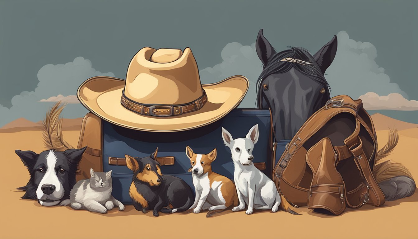 A cowboy hat resting on a guitar case surrounded by a group of animals including horses, dogs, and birds