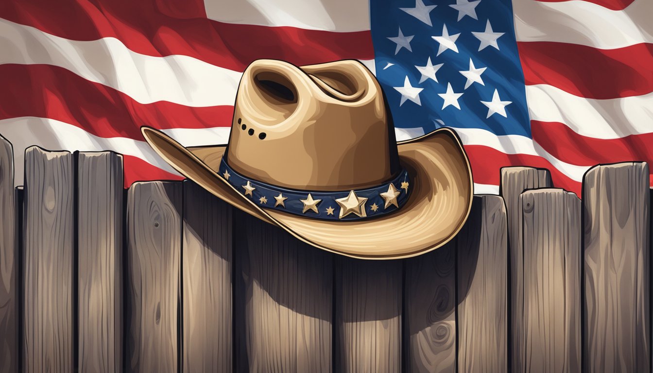 A cowboy hat resting on an American flag draped over a wooden fence post