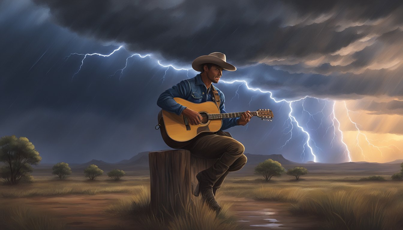 A lone cowboy rides through a stormy Texas landscape, clutching a guitar as lightning flashes in the distance