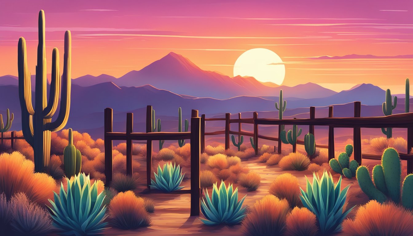 A vibrant sunset over a desert landscape with cacti and mountains in the background. A sombrero hangs on a wooden fence post