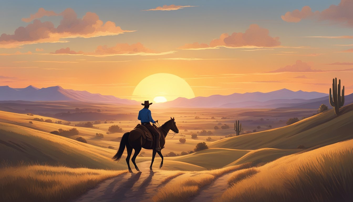 A cowboy rides into a sunset-filled western landscape, surrounded by rolling hills and a clear, open sky, with a sense of freedom and nostalgia