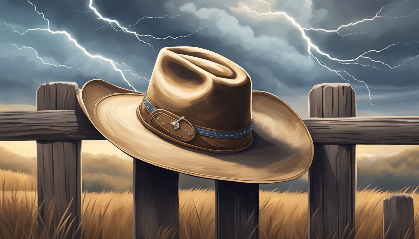 A cowboy hat rests on a weathered wooden fence post, surrounded by swirling clouds and a distant lightning strike