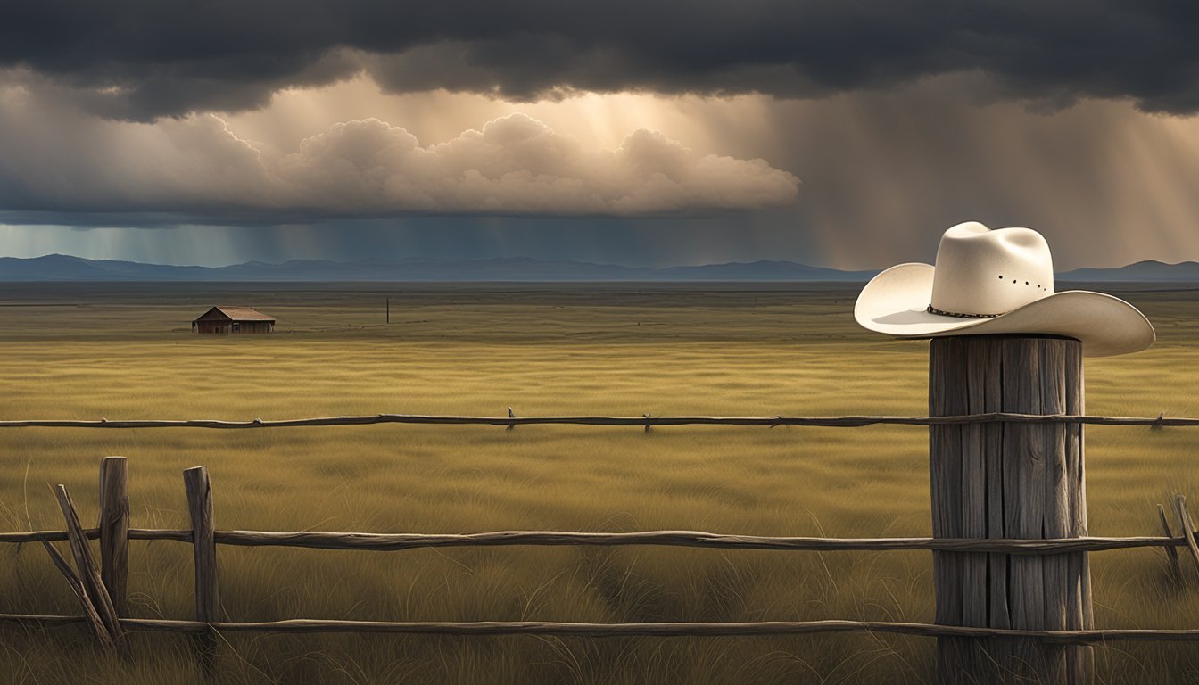 A lone cowboy hat rests on a weathered wooden fence post, as storm clouds gather in the distance over a vast Texas landscape