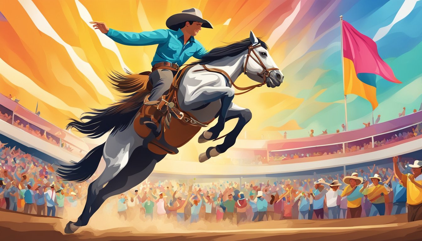 A cowboy riding a bucking bronco in a rodeo arena, surrounded by cheering spectators and colorful banners