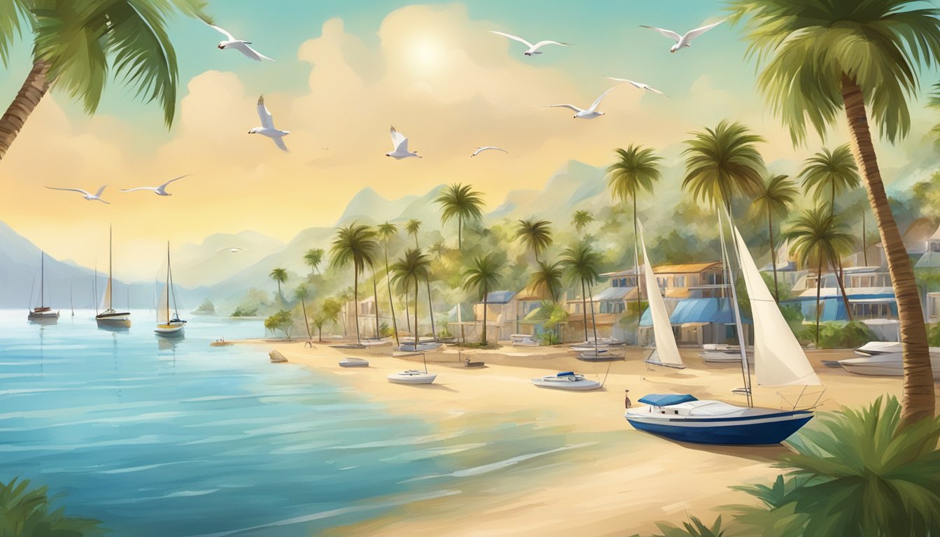 A sunny beach with palm trees, sailboats, and seagulls flying over the marina