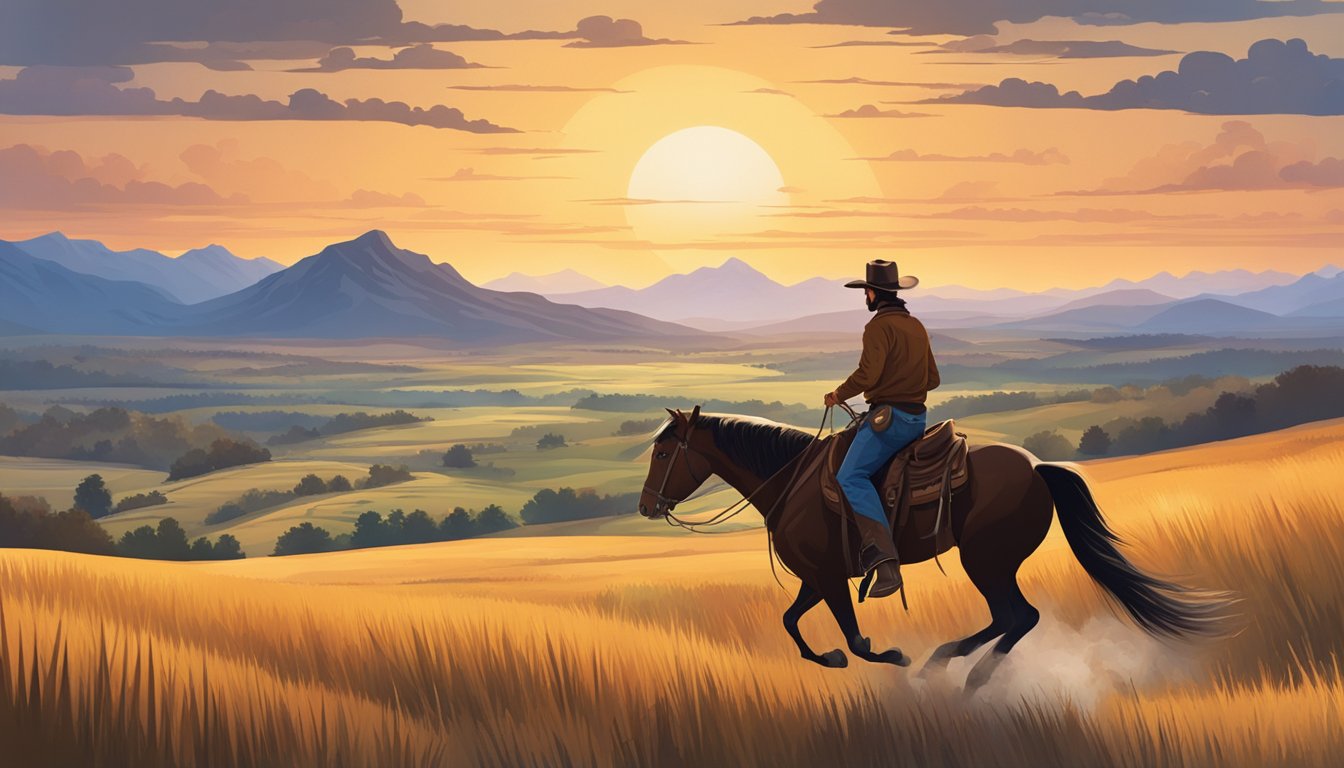 A cowboy riding a horse through a wide open field, with a backdrop of mountains and a sunset