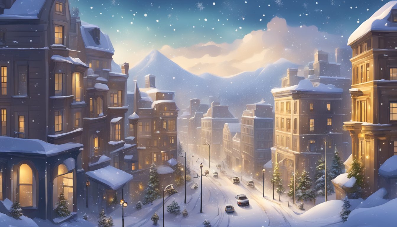 A snowy cityscape with buildings and streets, snow-covered rooftops, and falling snowflakes