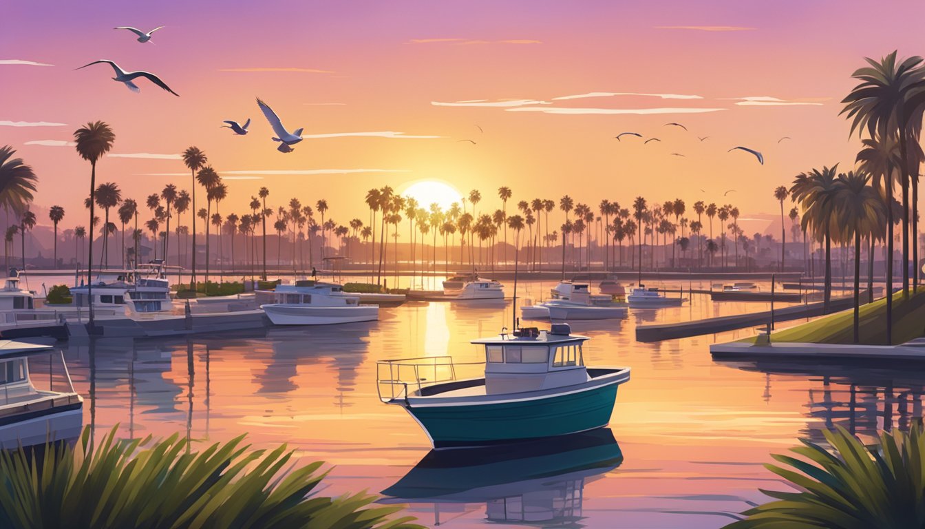 A sunset over Marina Del Rey with a fishing boat and a football field in the background, surrounded by palm trees and seagulls