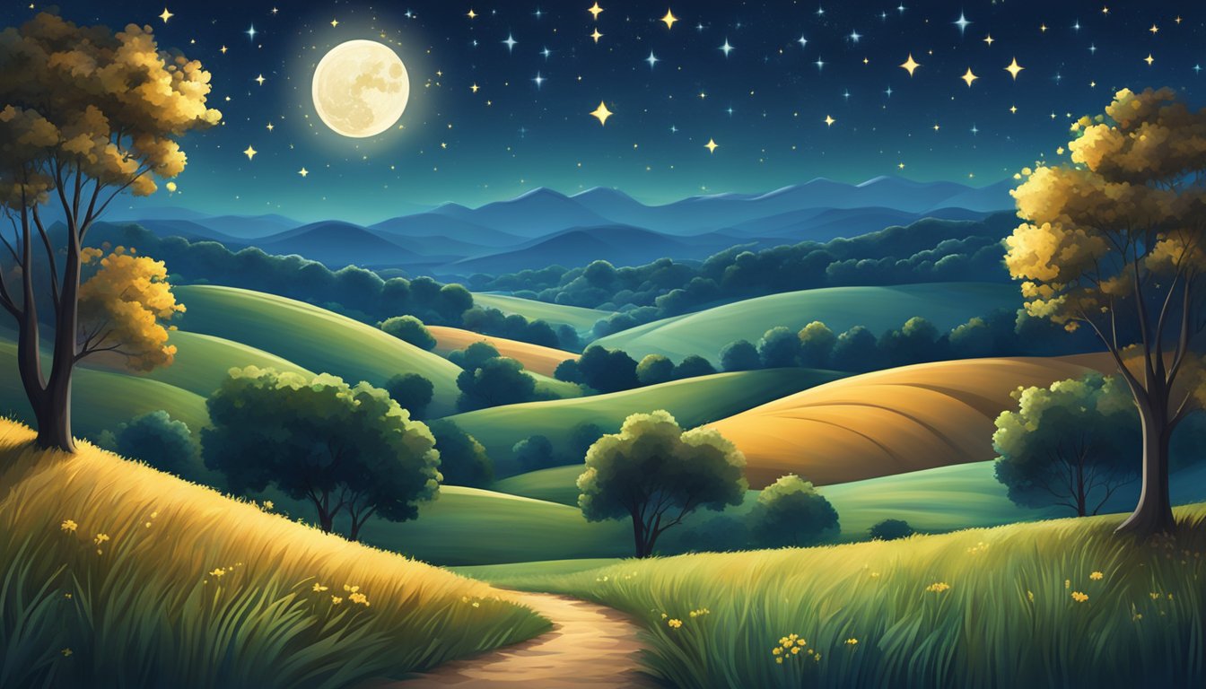 A starry night with a full moon shining down on a peaceful countryside, surrounded by rolling hills and a gentle breeze blowing through the trees