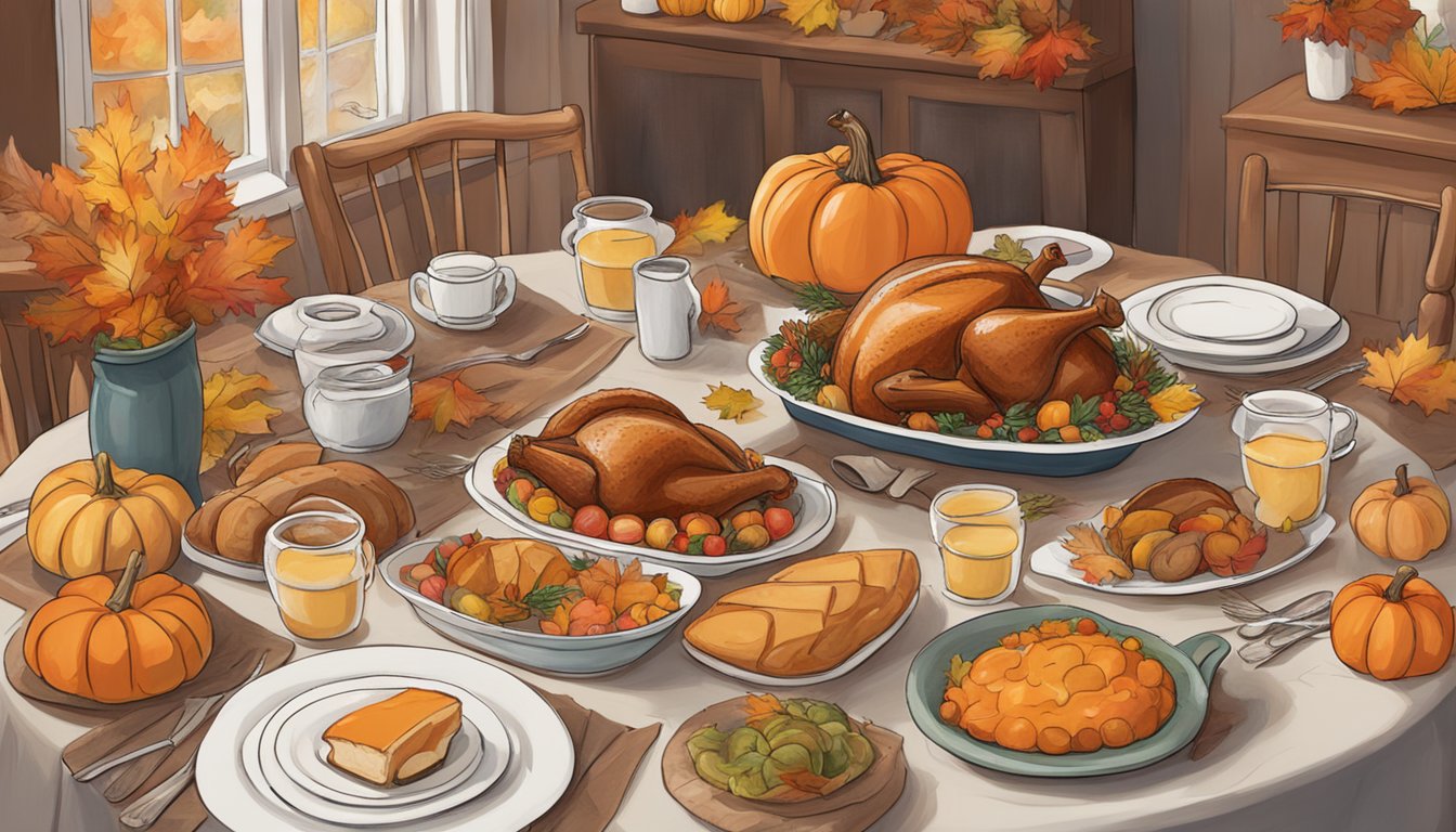 A cozy Thanksgiving dinner table with a handwritten list of George Strait songs surrounded by autumn decorations and smiling faces