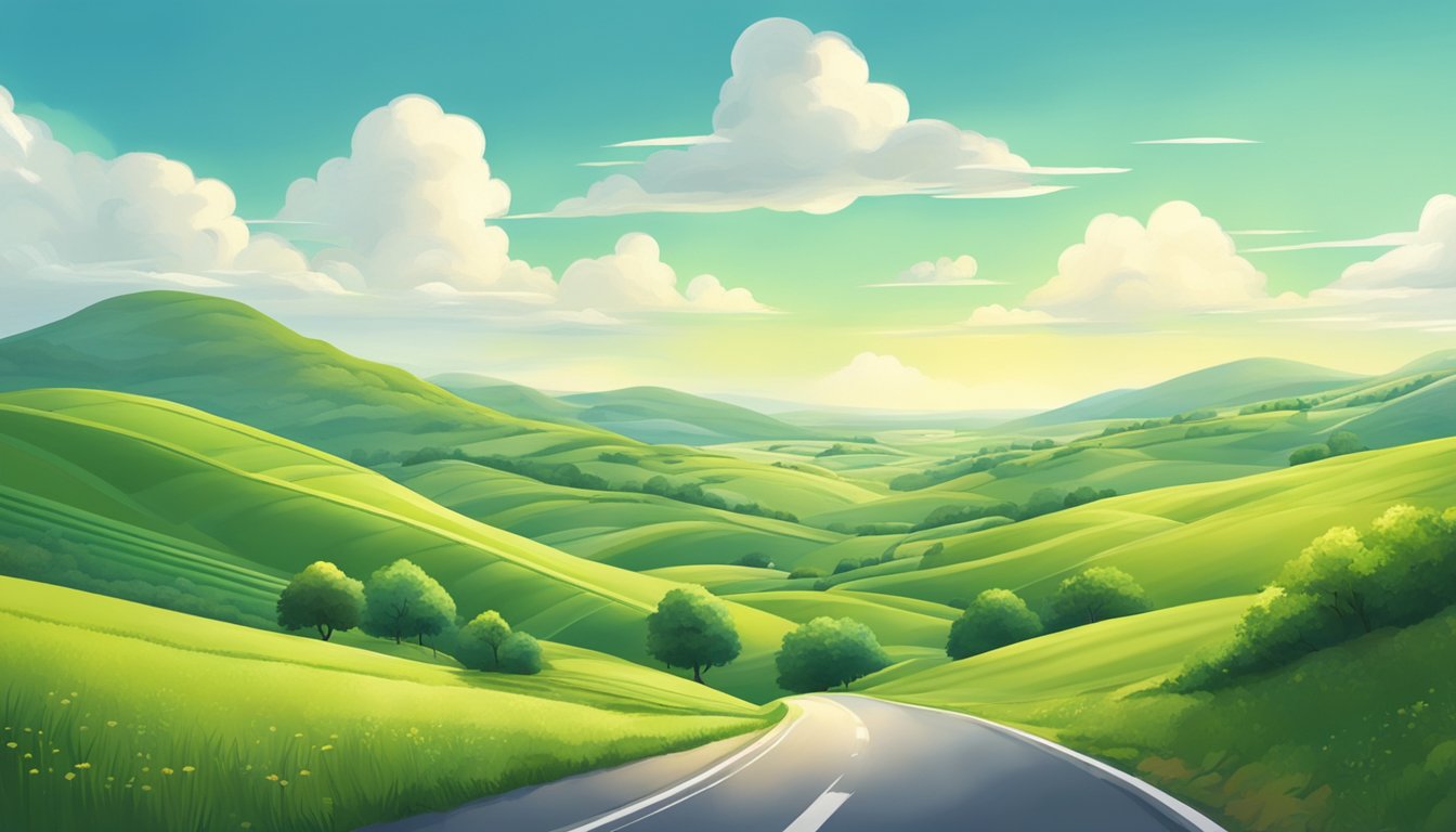 A sunny countryside with a winding road, green hills, and a clear blue sky with fluffy white clouds