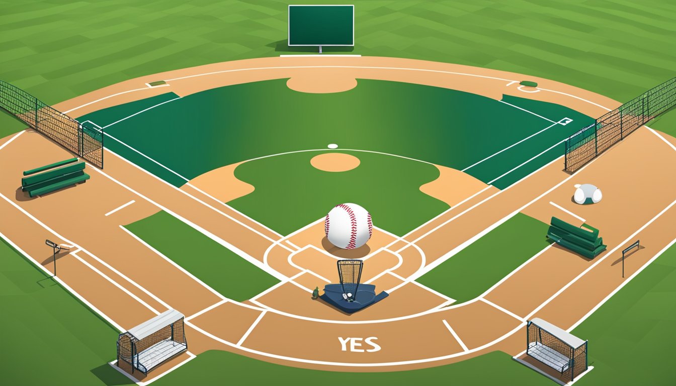 A baseball field with a scoreboard showing "Yes" and "No" and various sports equipment scattered around