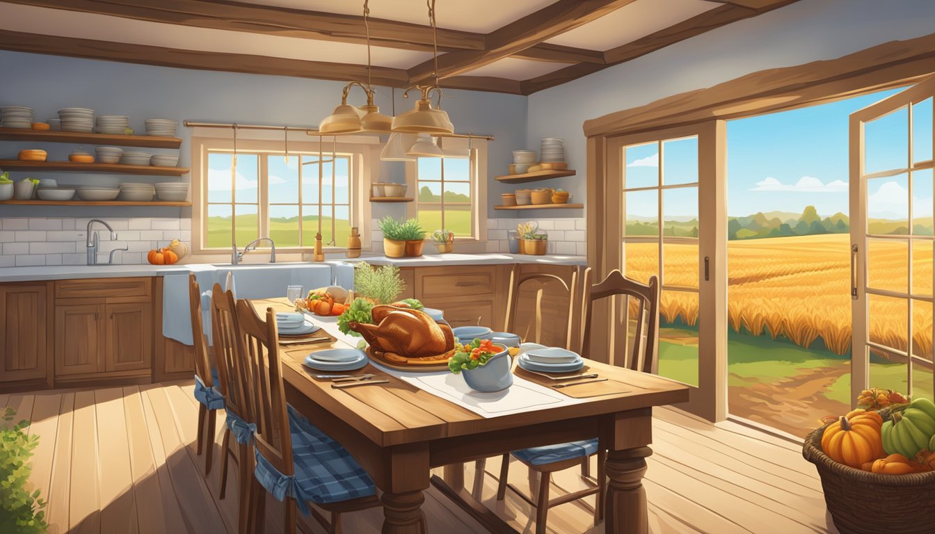 A cozy farmhouse kitchen with a rustic table set for Thanksgiving dinner, surrounded by fields of golden wheat and a clear blue sky