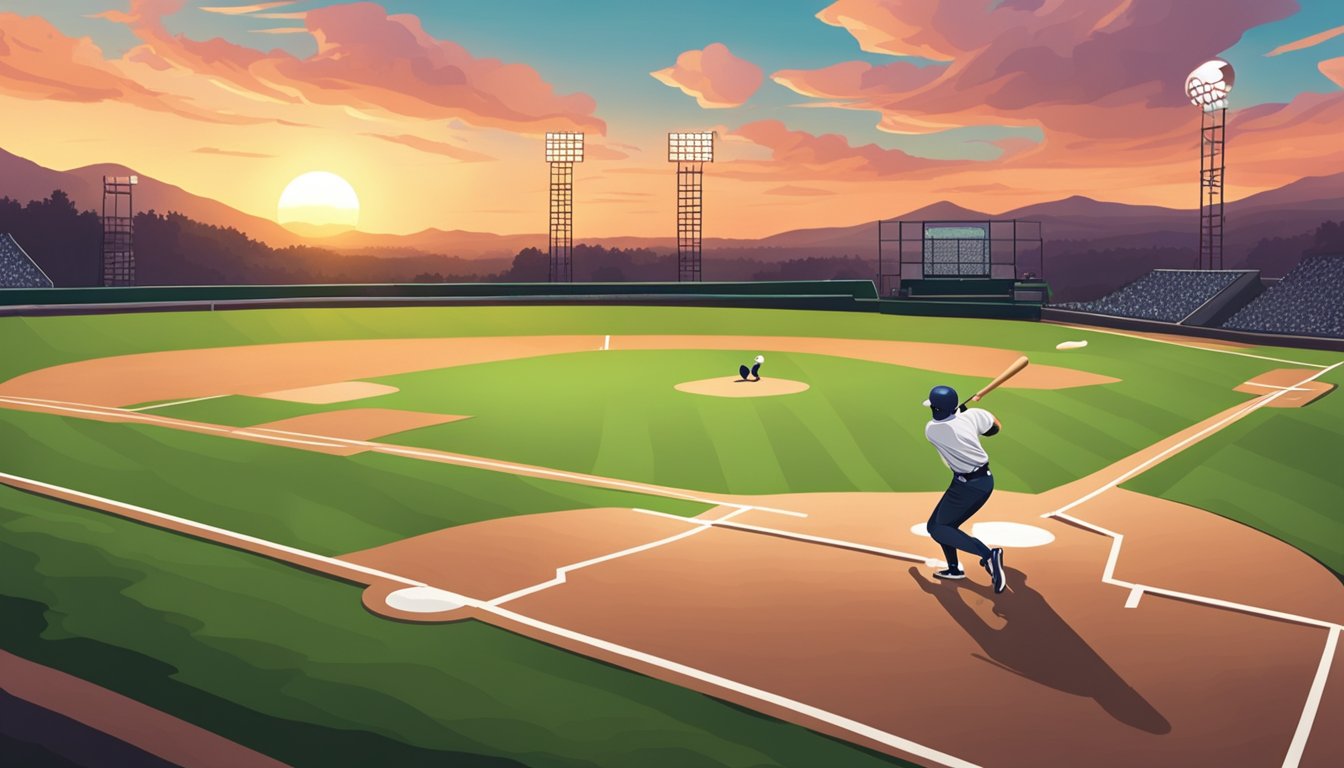 A baseball field at sunset, with a lone figure throwing a ball against the backdrop of a sprawling rural landscape