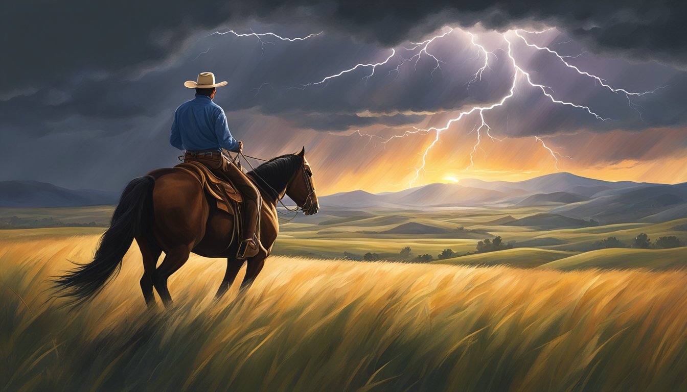 A stormy sky looms over a lone cowboy on horseback, with lightning striking in the distance. The wind whips through the grass as the sun sets behind the rolling hills