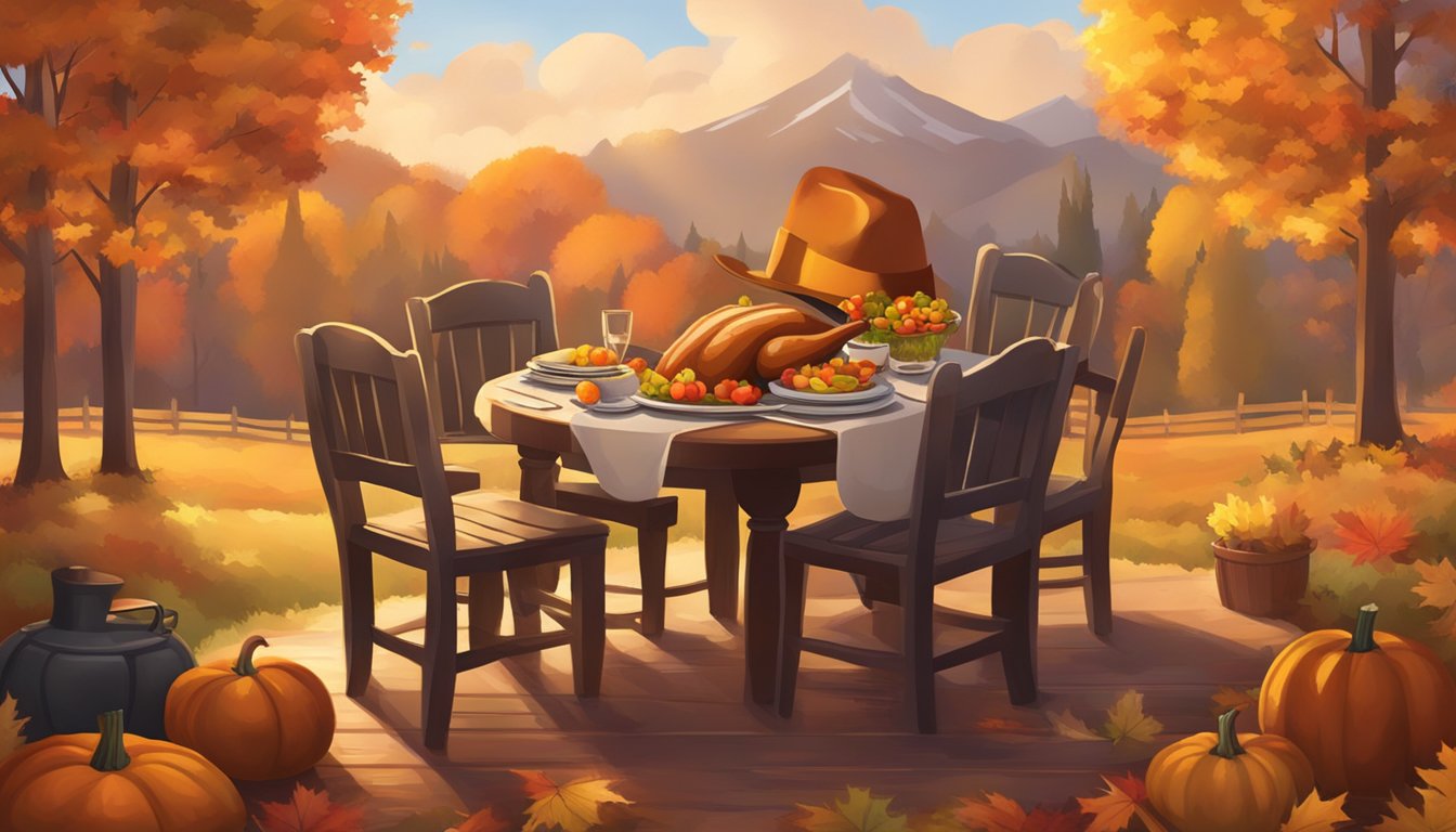 A cozy Thanksgiving dinner table with a guitar and cowboy hat, surrounded by autumn foliage and a warm, inviting atmosphere