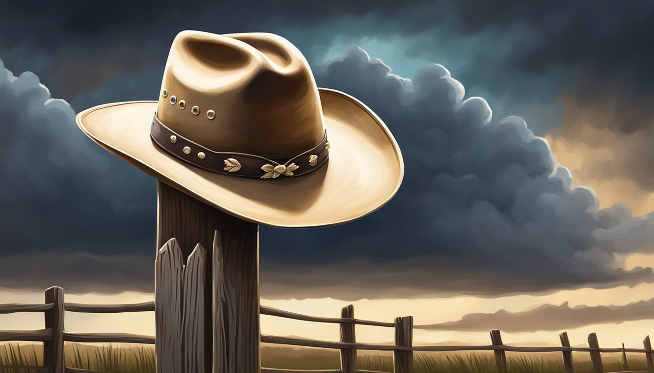 A cowboy hat resting on a wooden fence post, with a stormy sky looming in the background