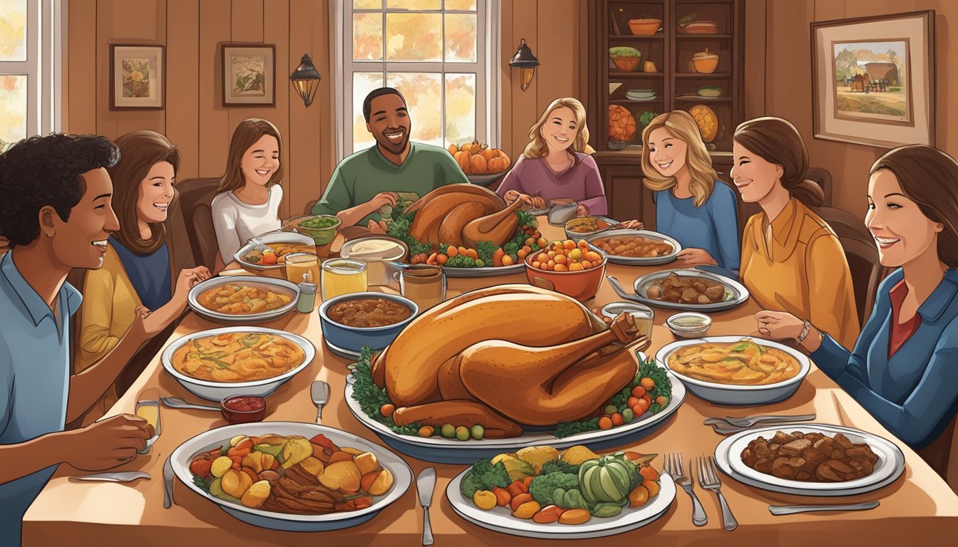 A cozy Thanksgiving dinner table with a spread of traditional dishes, surrounded by family and friends, while George Strait songs play in the background