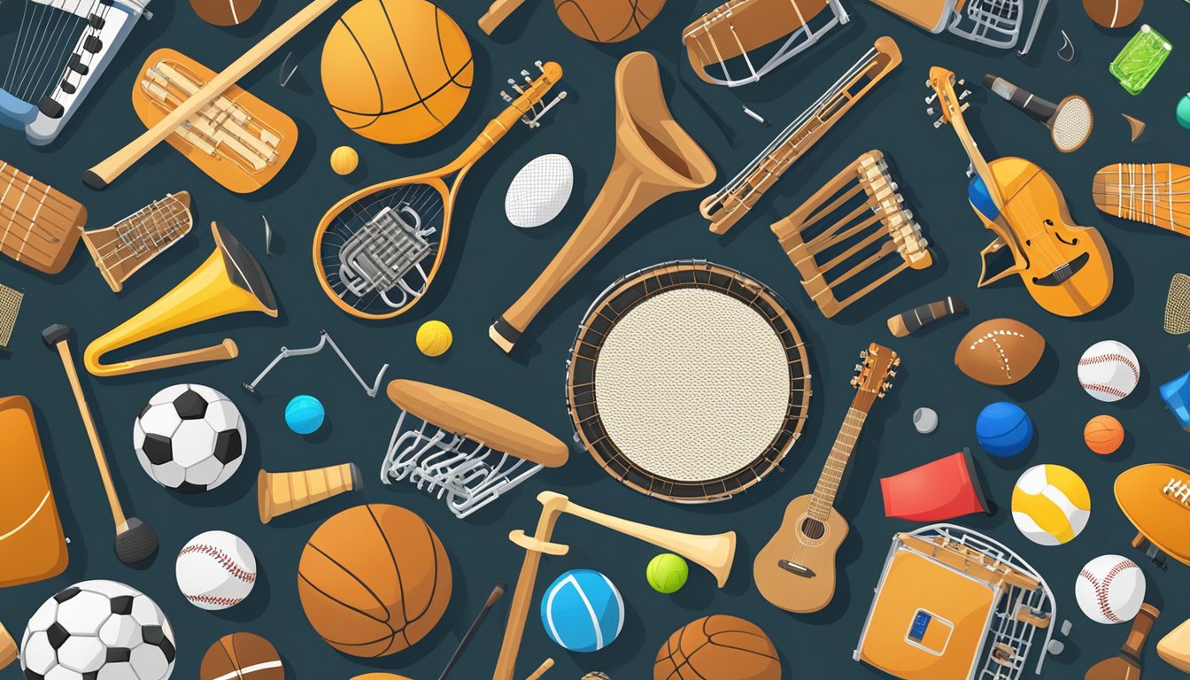 A collection of sports equipment and musical instruments arranged in a circle, with a spotlight shining down on them