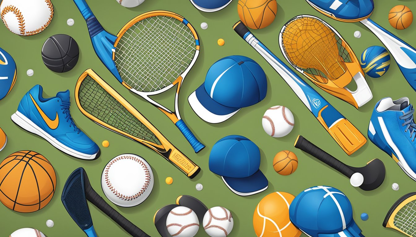 A collection of sports equipment and athletic gear arranged in a neat and orderly fashion, including items such as a football, baseball bat, basketball, and tennis racket