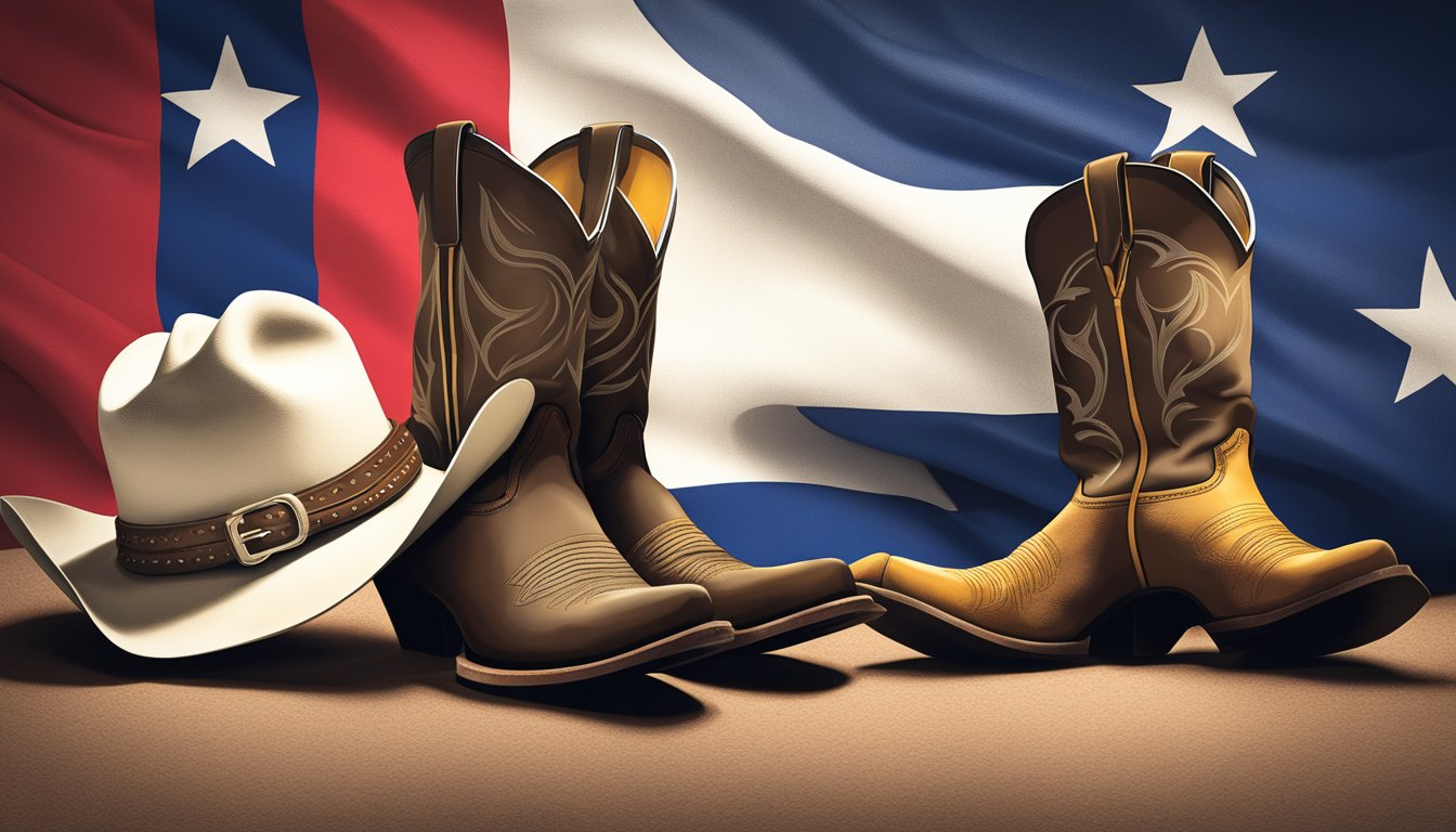 A cowboy hat and pair of cowboy boots placed next to a Texas flag