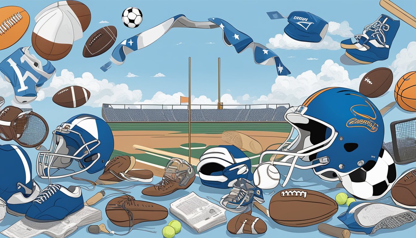 A blue clear sky with various sports equipment scattered on the ground, surrounded by 14 George Strait song titles written in the clouds