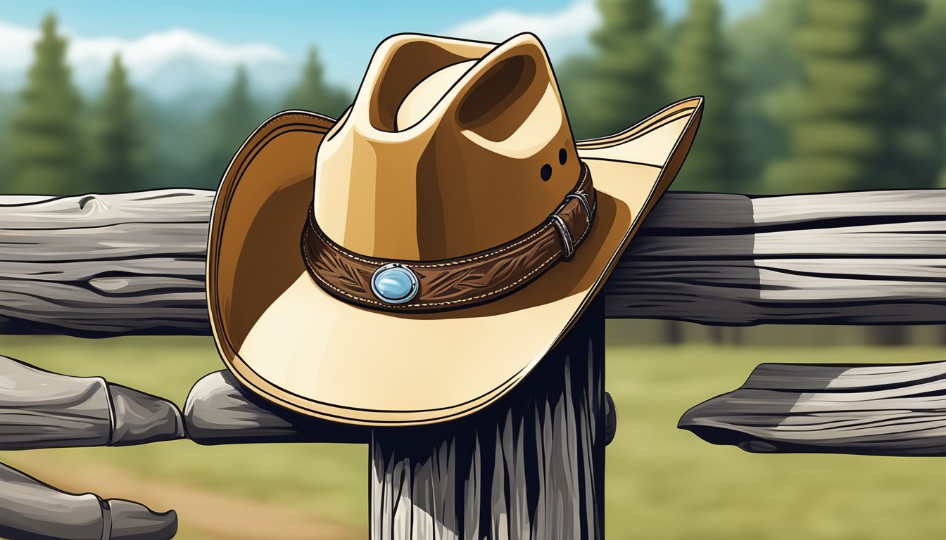 A cowboy hat, boots, and a fringed leather jacket hanging on a wooden fence post