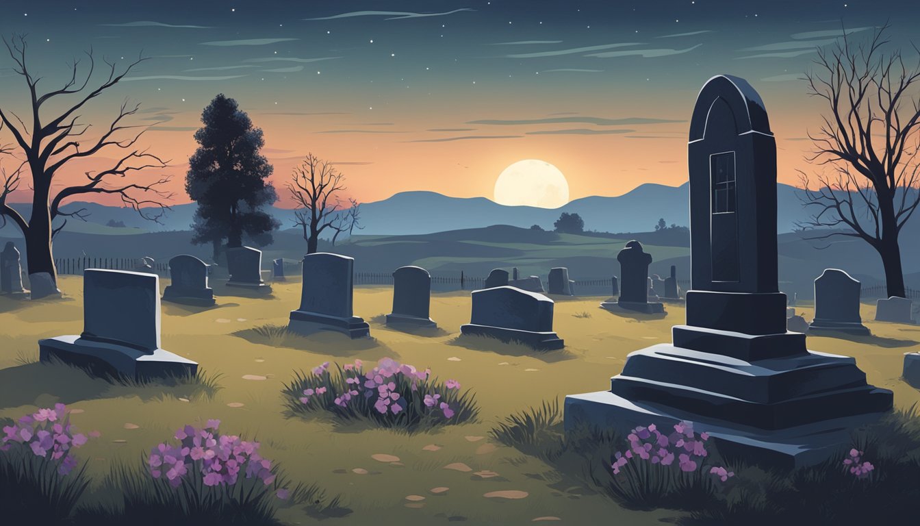 A desolate graveyard at dusk, with wilted flowers and a lone figure standing by a weathered headstone, surrounded by the eerie glow of moonlight