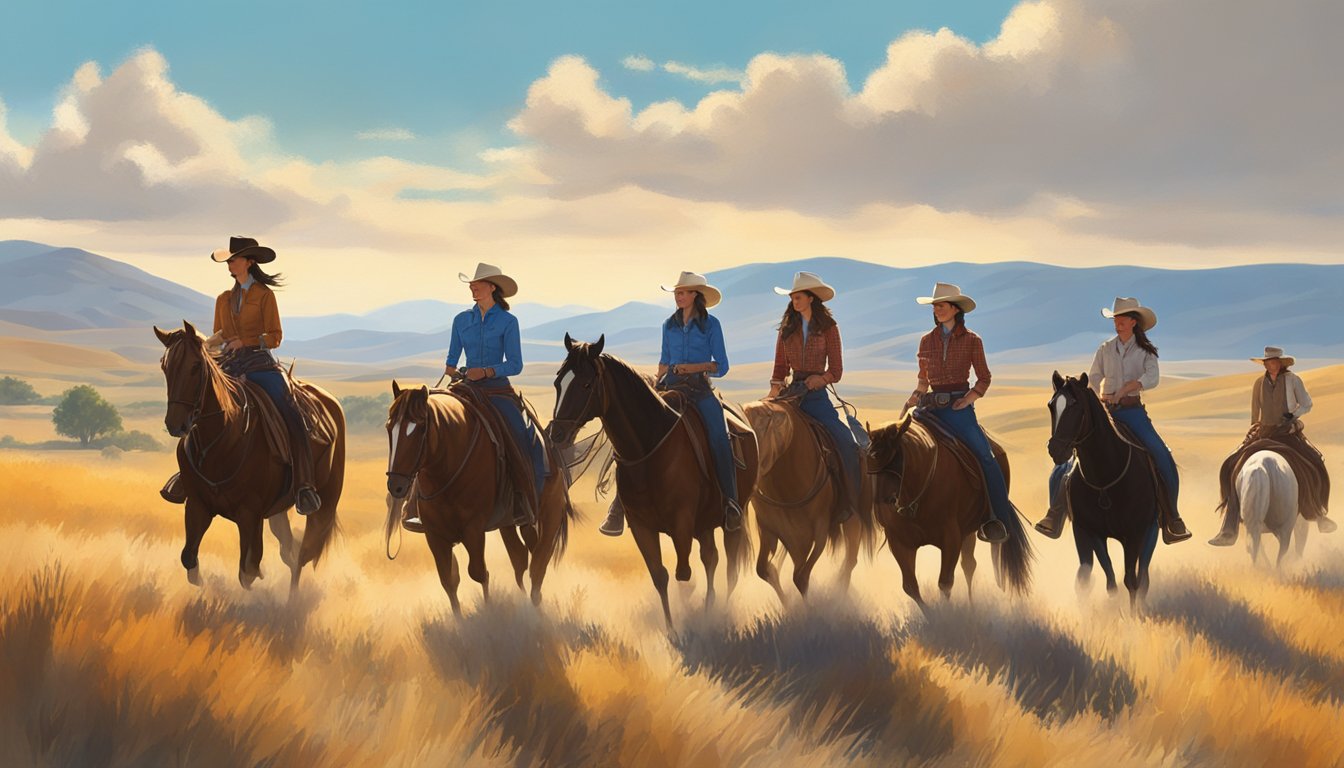 A group of cowgirls in western attire, riding horses through a sunlit prairie with a backdrop of rolling hills and a clear blue sky