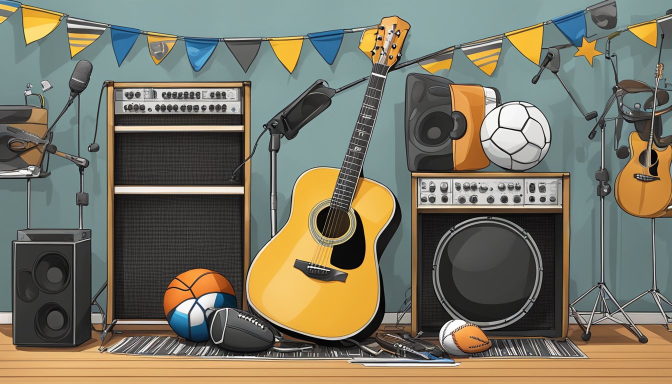 A stage with a guitar, microphone, and sports equipment scattered around. Sports jerseys hang on the wall