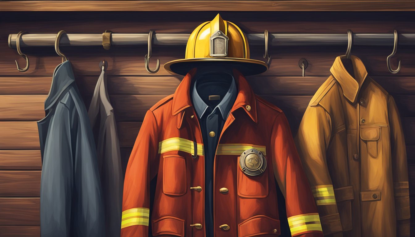 A vintage fireman's uniform hanging on a brass hook in a rustic firehouse