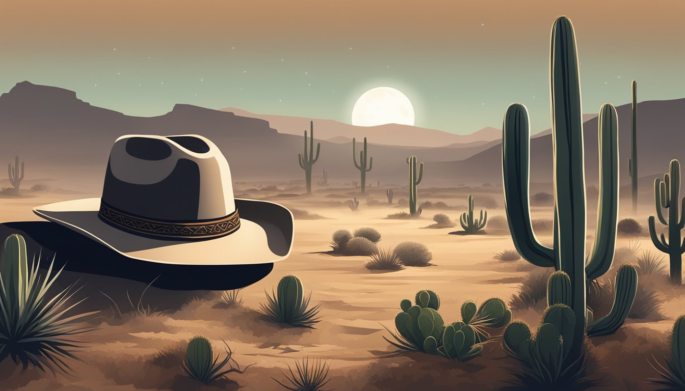 A lone cowboy hat sits on a foggy, moonlit prairie, surrounded by eerie silhouettes of cacti and mesas