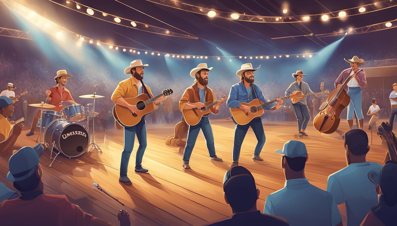 A group of musicians playing country music on a stage while athletes engage in various sports activities in the background