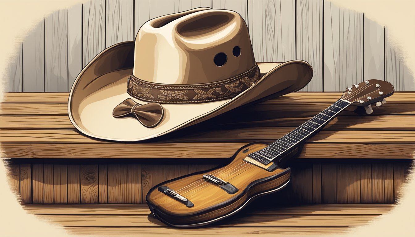 A cowboy hat and boots on a wooden stage with a guitar