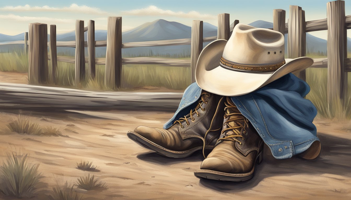 A cowboy hat and boots abandoned on a dusty trail, with a faded denim jacket draped over a weathered fence post