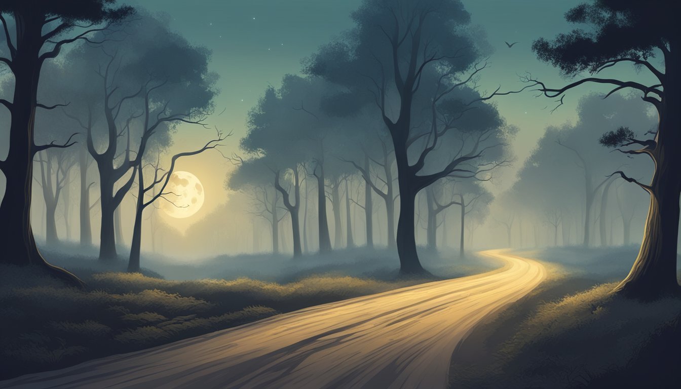 A dimly lit country road winds through a spooky forest, with eerie mist swirling around the trees and a full moon casting long shadows